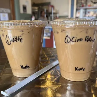 Iced latte (left) &amp; cinnamon dolce (right)