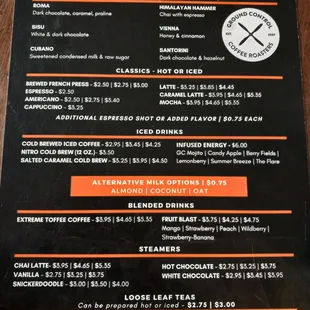 Coffee &amp; Tea menu.