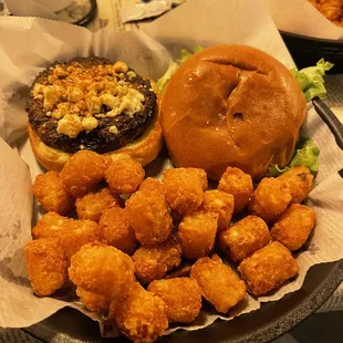 Blue cheeseburger with tots