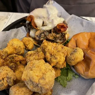 Mushroom Swiss and bacon burger with a side of mushroom nuggets.