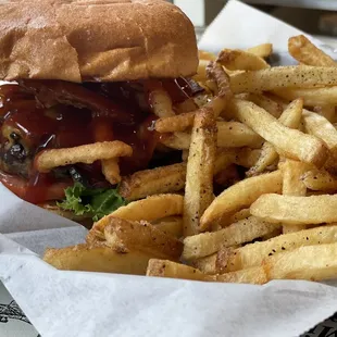 Jordan&apos;s Sweet and smokey BBQ burger and fries