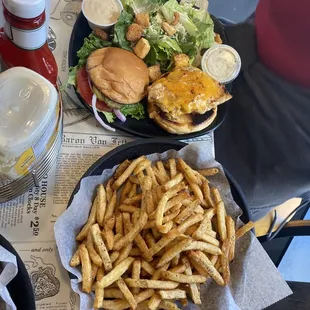 Grilled chicken salad with side salad and fries