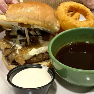 Mushroom Swiss burger &amp; onion rings