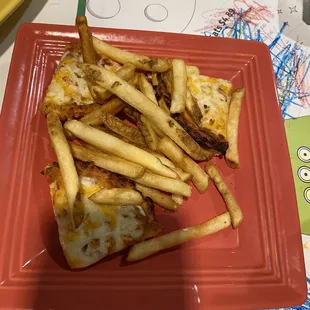 Presentation was much better before my kiddo touched it  yummy kids pizza  n fries