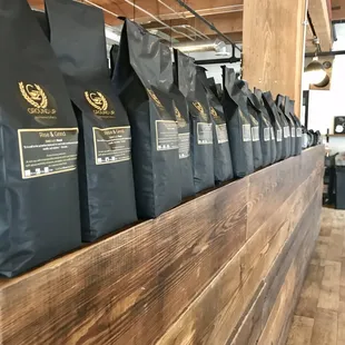 a row of bags of coffee
