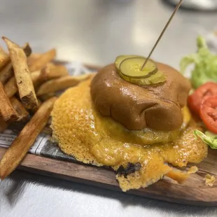 a cheeseburger and french fries