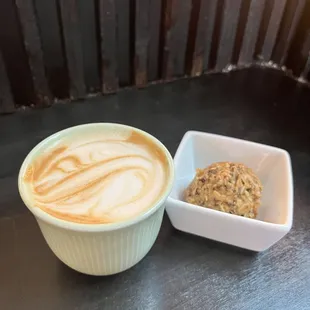 Oat milk cortado and protein ball