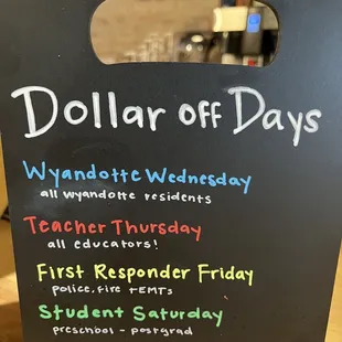 Daily specials honoring those who give and our next generation.