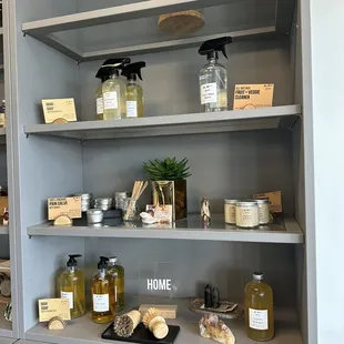 a shelf with a variety of products