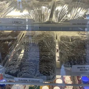 Dessert case: Chocolate Chip Brownie, White Fudge Brownie, Peanut Butter Fudge Bar, Lemon BarBar, dulce de leche bar