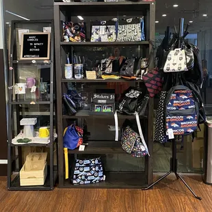 a display of backpacks
