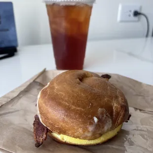 a donut and a drink on a table