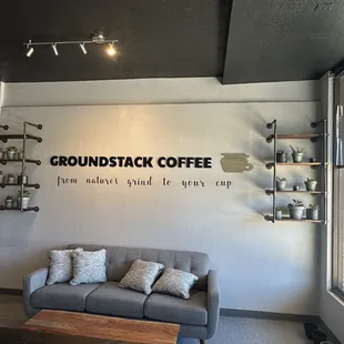 a couch in a coffee shop