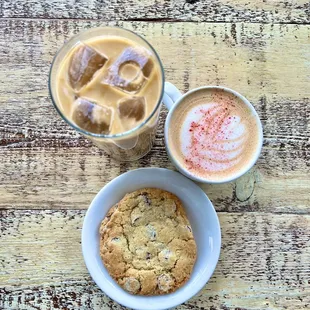 beetroot miel ($5), caramel macchiato ($5), rosemary chocolate chip cookie ($2.50)