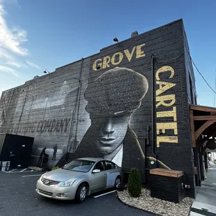 a car parked in front of it