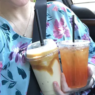 Banana caramel cheesecake shake and pineapple tea