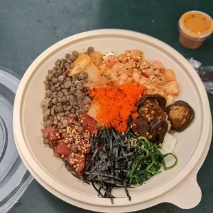 Spicy Tuna &amp; Salmon Bowl with lentils, spinach, pickled veg and masago