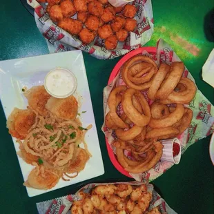 Sweet Potato Tots, Pierogies, Onion Rings, Cheese Curds
