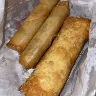 2 spring rolls, one egg roll