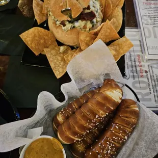 Pretzels with beer cheese Spinach artichoke dip