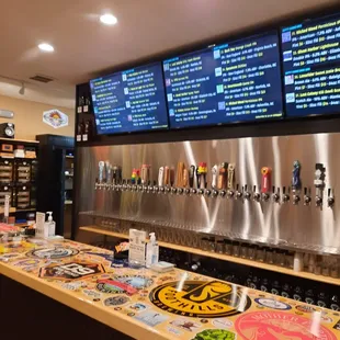 a row of beer taps