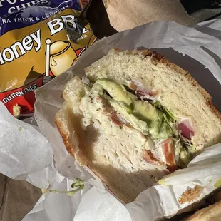 &quot;Juicin&apos;&quot; Sandwich - Turkey, Avocado, Tomato on Dutch Crunch with Tim&apos;s Honey BBQ Chips.