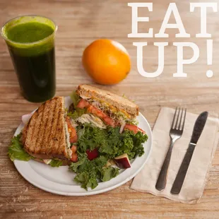 a plate of food and a drink