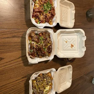 Baked potato tots (left), pulled pork (center), carne asada (right)