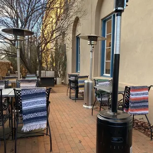 Outside seating with heat lamps and blankets