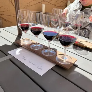 a man sitting at a table with glasses of wine