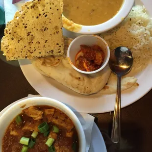 Chicken curry, Indian curry soup, chutney and naan.