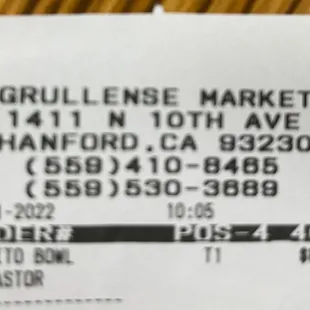 Grullenese Market receipt with contact information