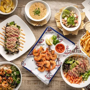 Port A Shrimp Bowl, Seared and Sliced Tuna Starter, Crab and Corn Chowder, Gulf Fish Ceviche, French Fries, Tuna Bowl, Peel and Eat Shrimp