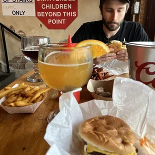 Cheese Burger and large beer