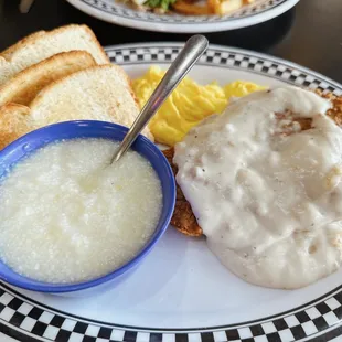 Country Fried Steak with grits and toast