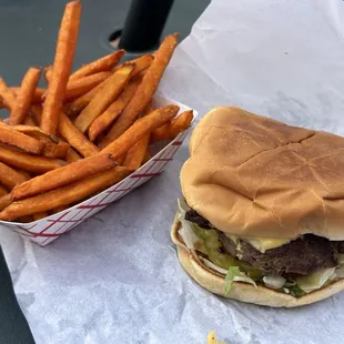 Sweet Potato Fries &amp; BBQ Bacon Cheeseburger