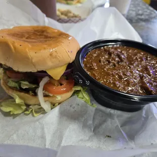 Cup of chili and a cheeseburger. Both awesome
