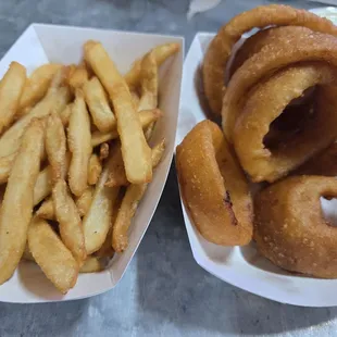 The fries were perfect, almost tasted like they had a light batter. Onion rings were really good as well