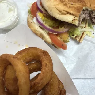 Hamburger and onion rings