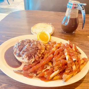 The Pig drenched in Spicy BBQ Sauce with fries was just what I needed!
