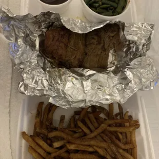Brisket with Fries and Green Beans.