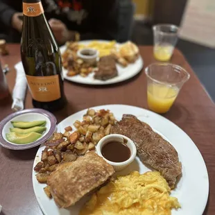 Steak &amp; eggs -strip steak w/ toast and Cajun fries