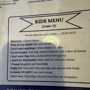 Appetizers, Breakfast anytime, salads, Sandwiches, dinners, desserts and kids menu