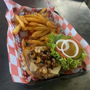 The best Smothered Swiss burger!! Sautéed onions &amp; mushrooms with melted Swiss cheese