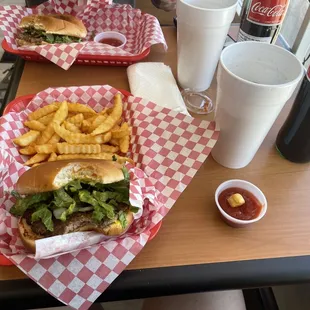 1/4 burgers Bottled cokes Hot and crispy French fries!