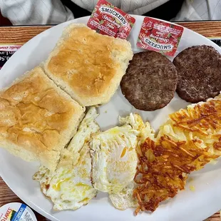 Two Egg Platter with Sausage and Hashbrowns Biscuits