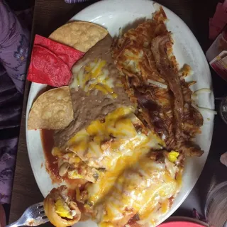 Egg Enchiladas with Bacon, Hashbrowns, Beans and Tortillas