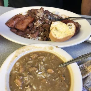 Red beans and rice and cup of seafood gumbo.