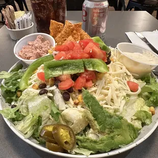 Southwest garbage salad. Comes w/grilled chicken, but I sub,ed jackfruit.  Although jackfruit looks like cat food, it's actually good.