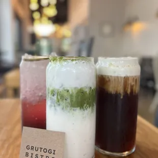 from left to right: blueberry chiller, matcha latte with vanilla, salted cloud cold brew